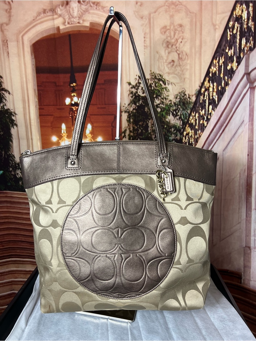 Coach Monogram Large Logo Tote Bag with Charms, Taupe Tan color